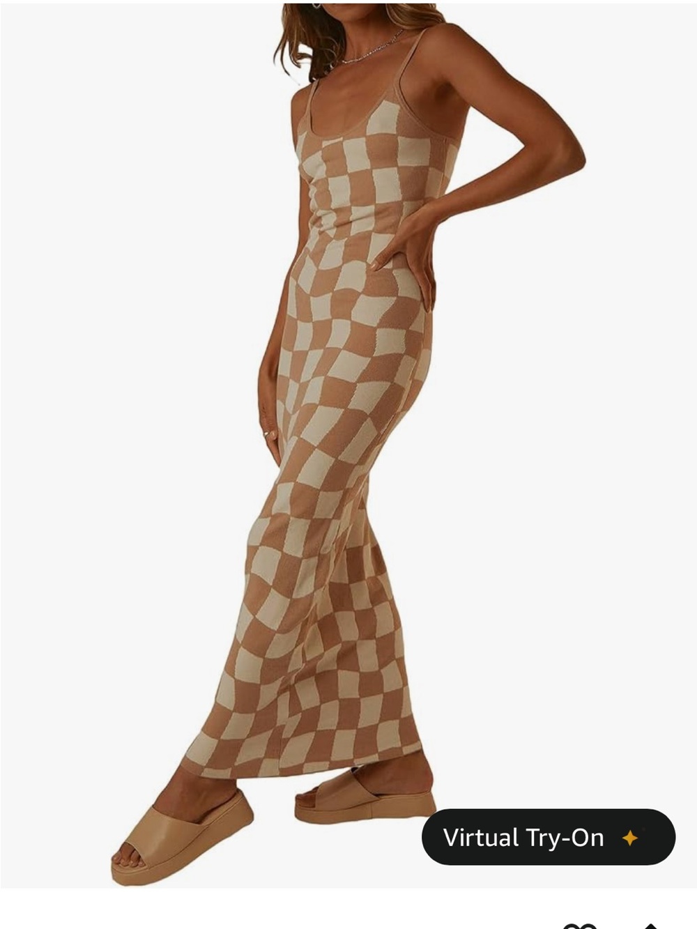 Checkerboard Knit Maxi bodycon Dress in Tan & Cream yony cles Amazon